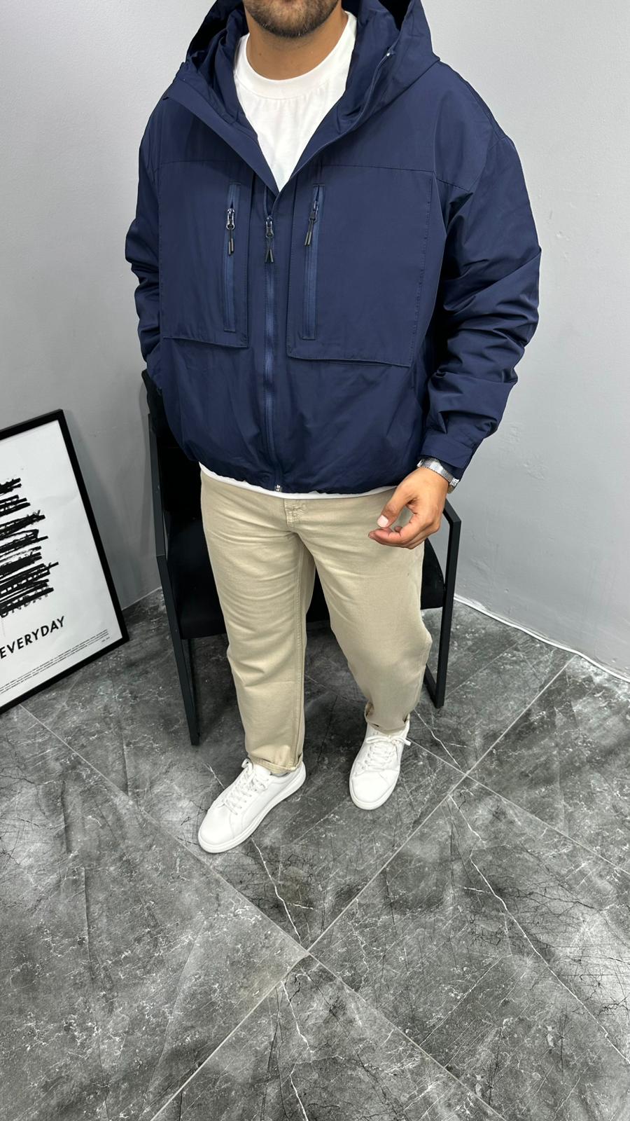 Kapüşonlu Kürk Astarlı Yağmurluk Lacivert