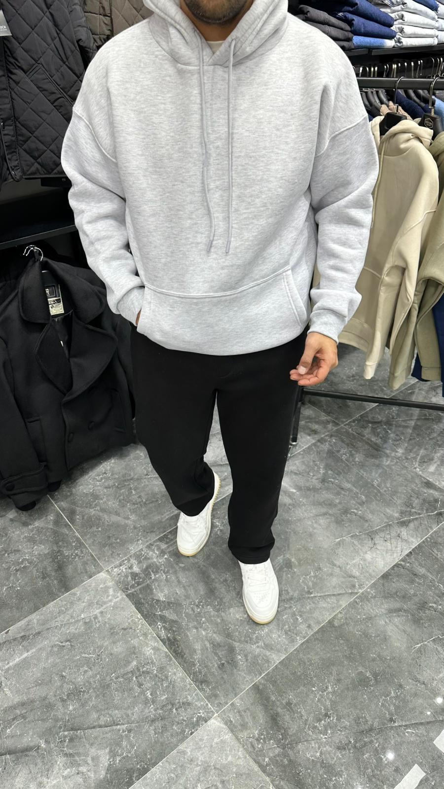 Şardonlu Kapüşonlu Sweatshirt Gri