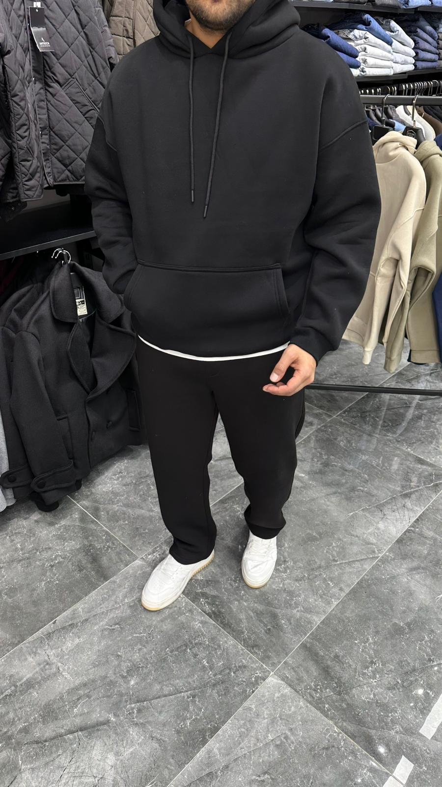 Şardonlu Kapüşonlu Sweatshirt Siyah