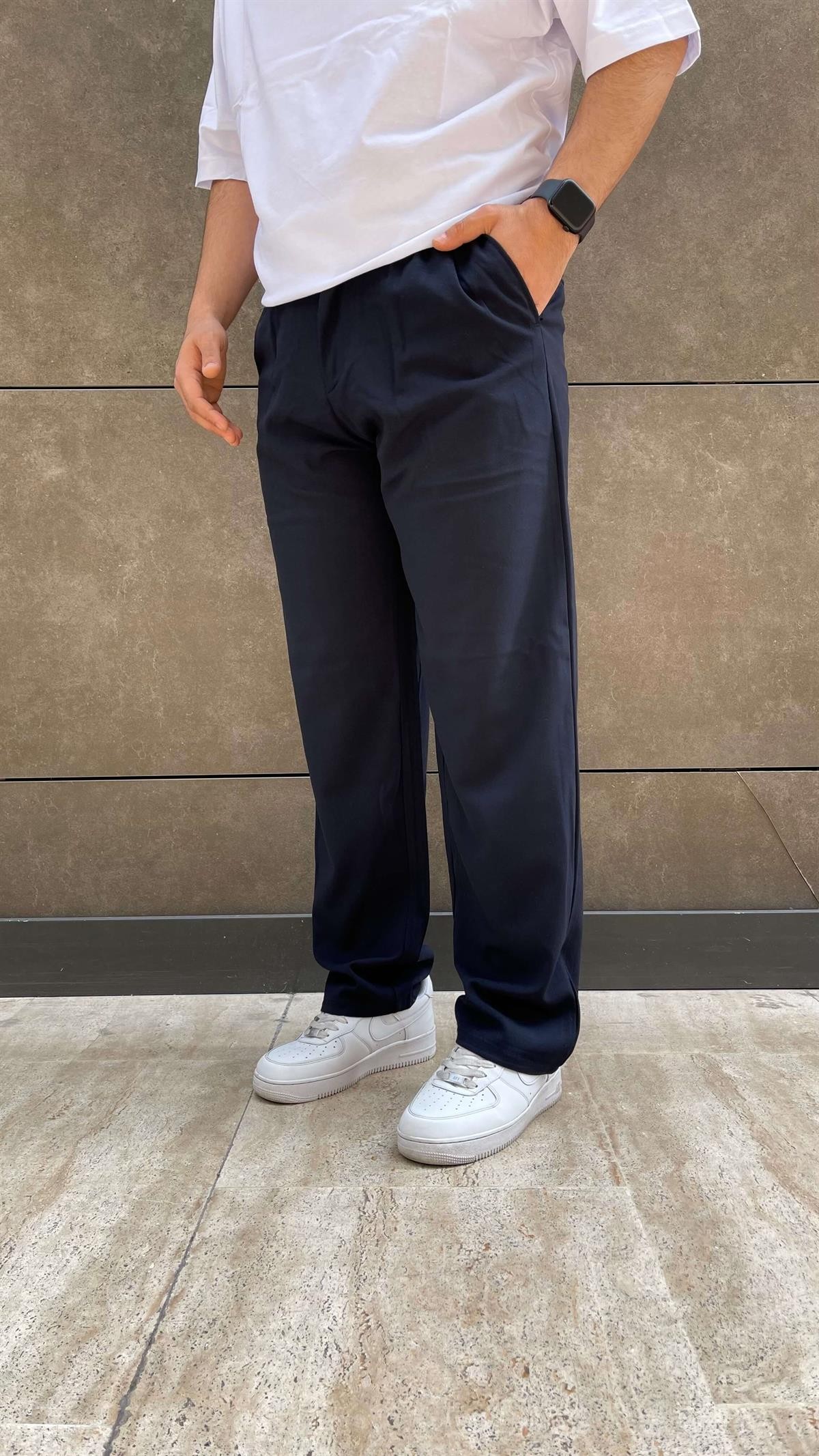 Baggy Pileli Kumaş Pantolon Lacivert