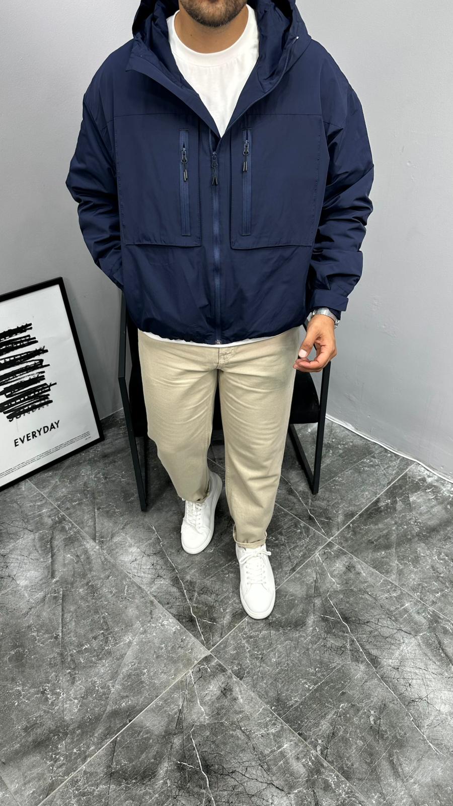 Kapüşonlu Kürk Astarlı Yağmurluk Lacivert