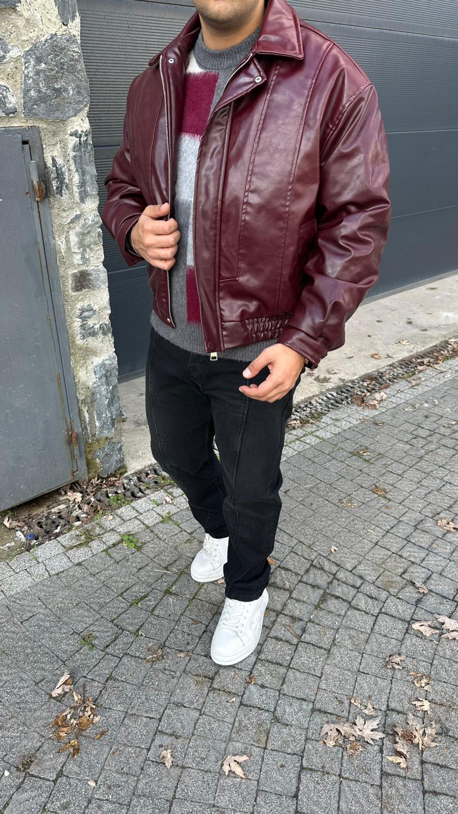Retro Bomber Deri Ceket Bordo