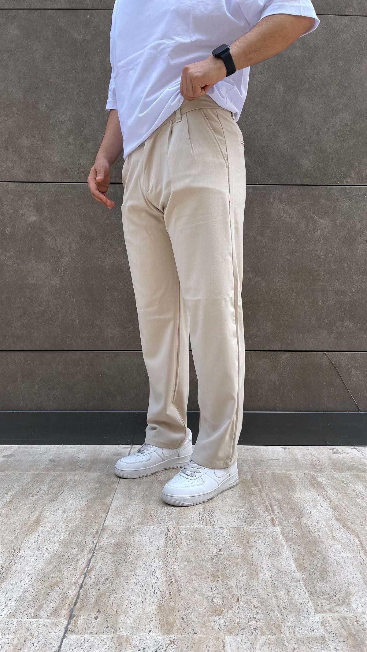 Baggy Pileli Kumaş Pantolon Krem