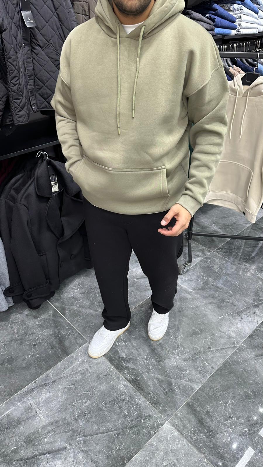 Şardonlu Kapüşonlu Sweatshirt Haki