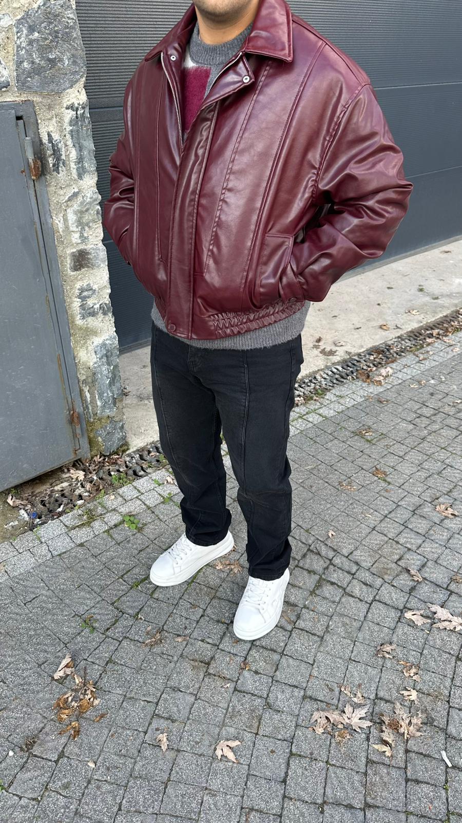 Retro Bomber Deri Ceket Bordo