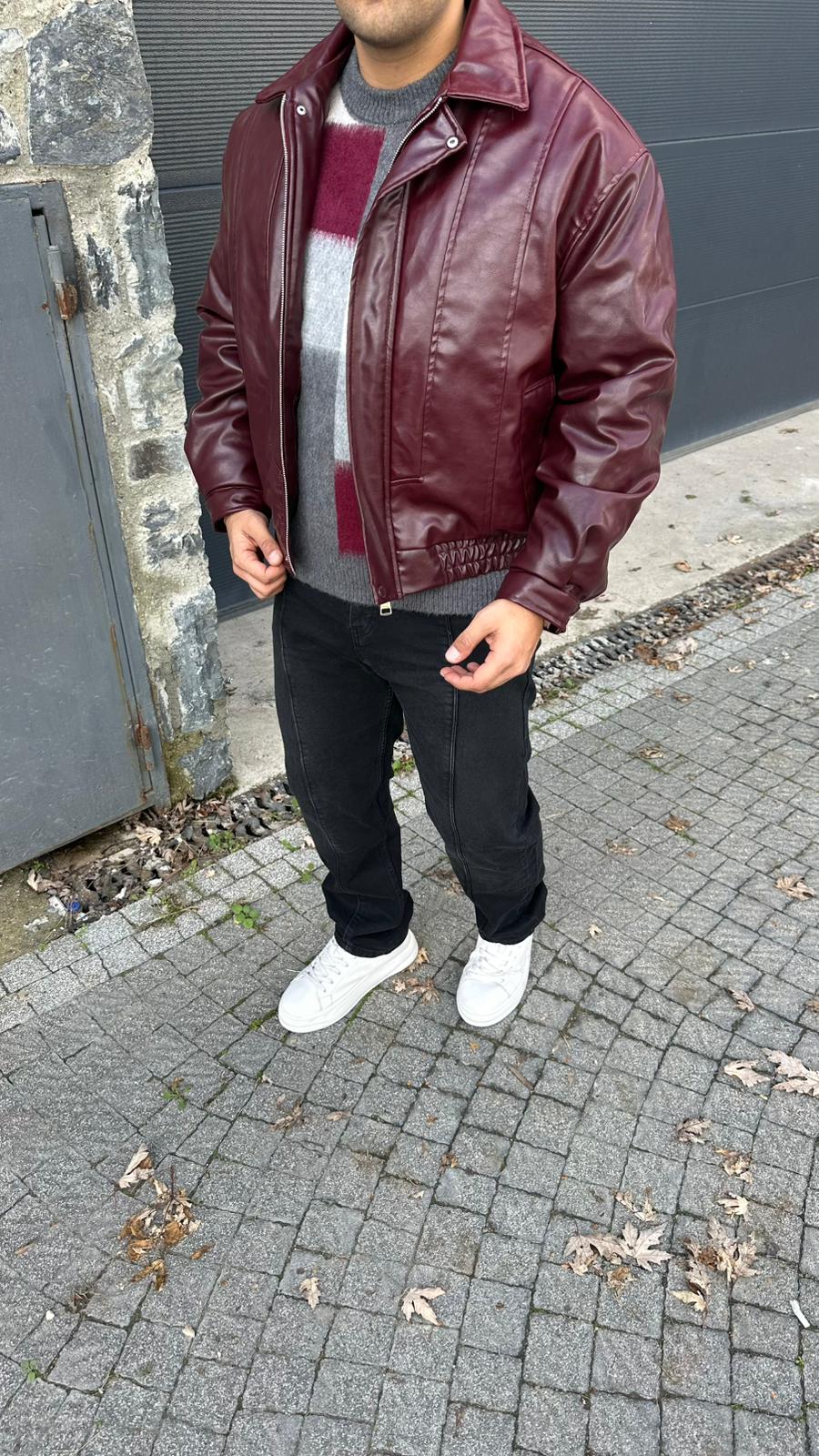 Retro Bomber Deri Ceket Bordo