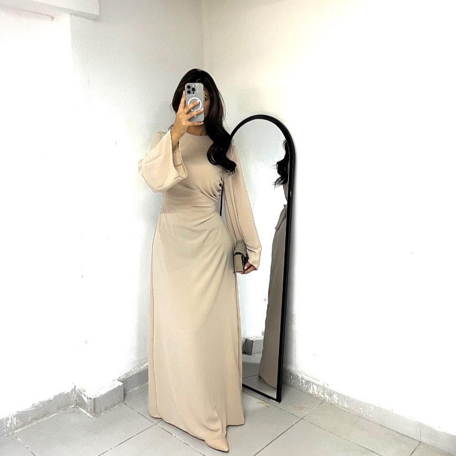 Drape detaylı bağlamalı elbise - Krem