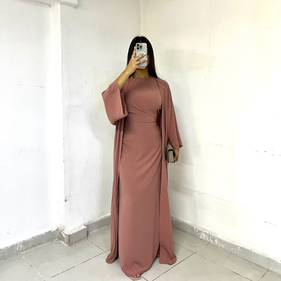 Drapeli abaya takım - Pembe