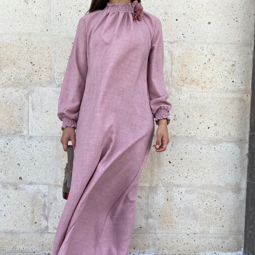 Kolları lastikli düz elbise - Toz pembe