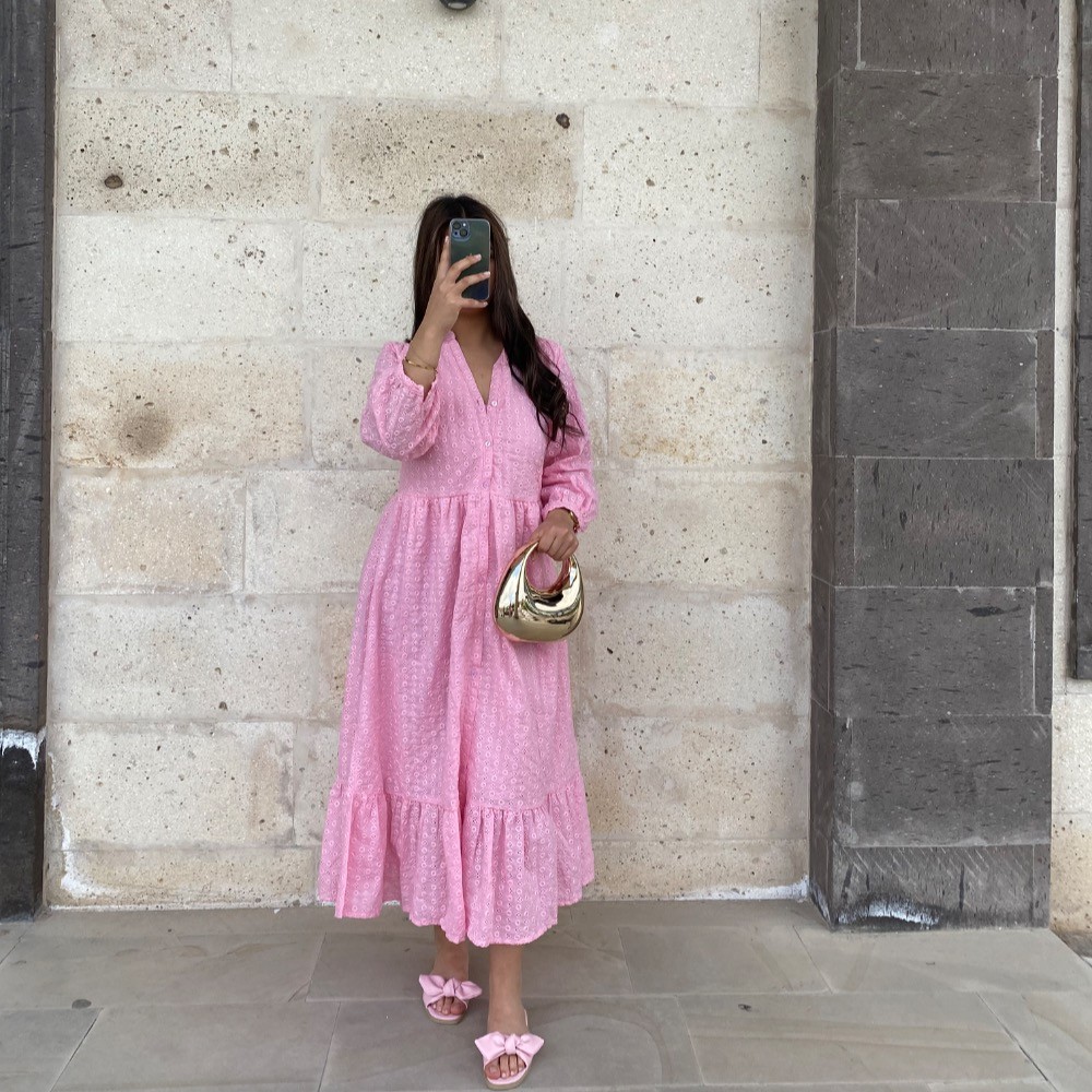 Dantel detayli elbise - Pembe
