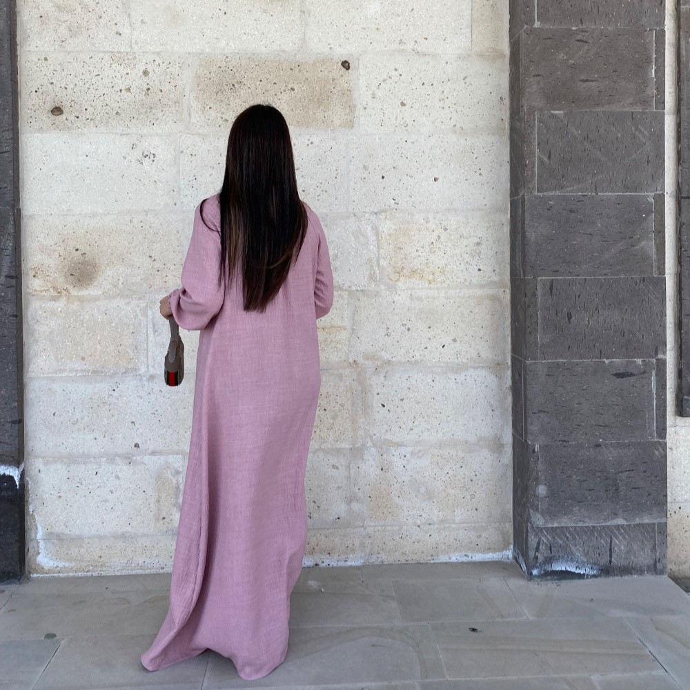 Kolları lastikli düz elbise - Toz pembe