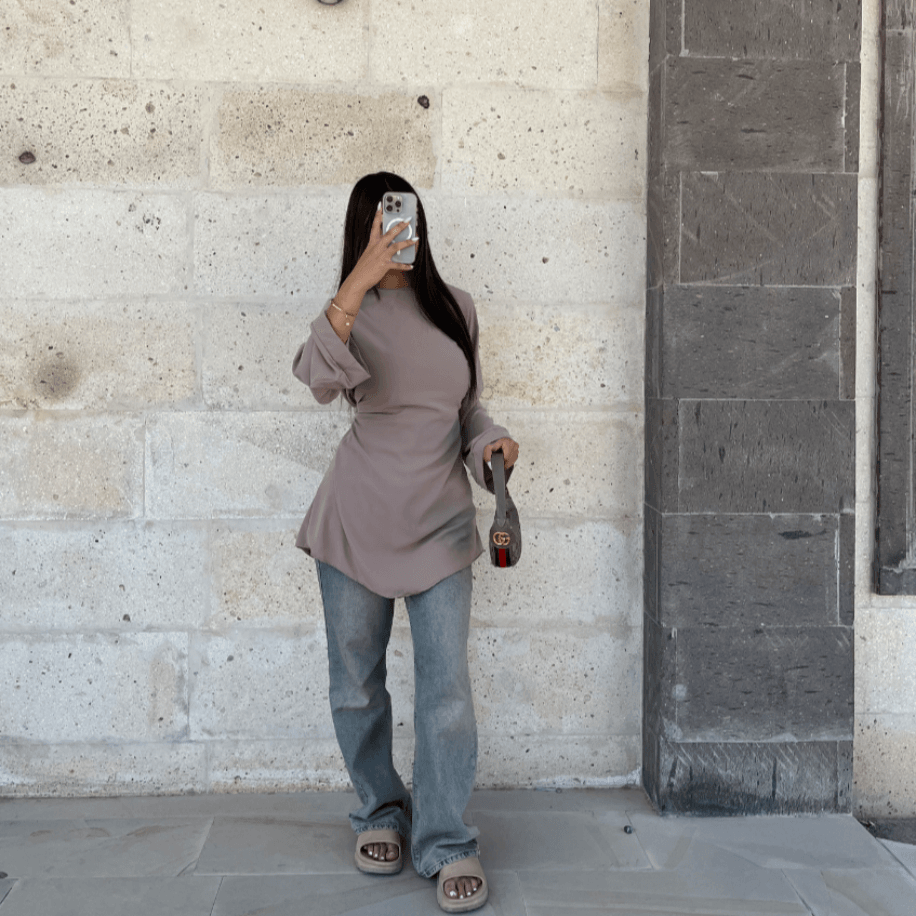 V kesim kısa tunik - Vizon