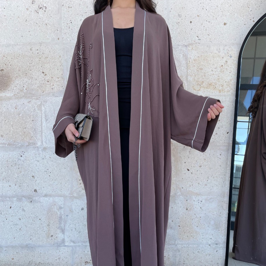 Taş detaylı abaya - Gül kurusu