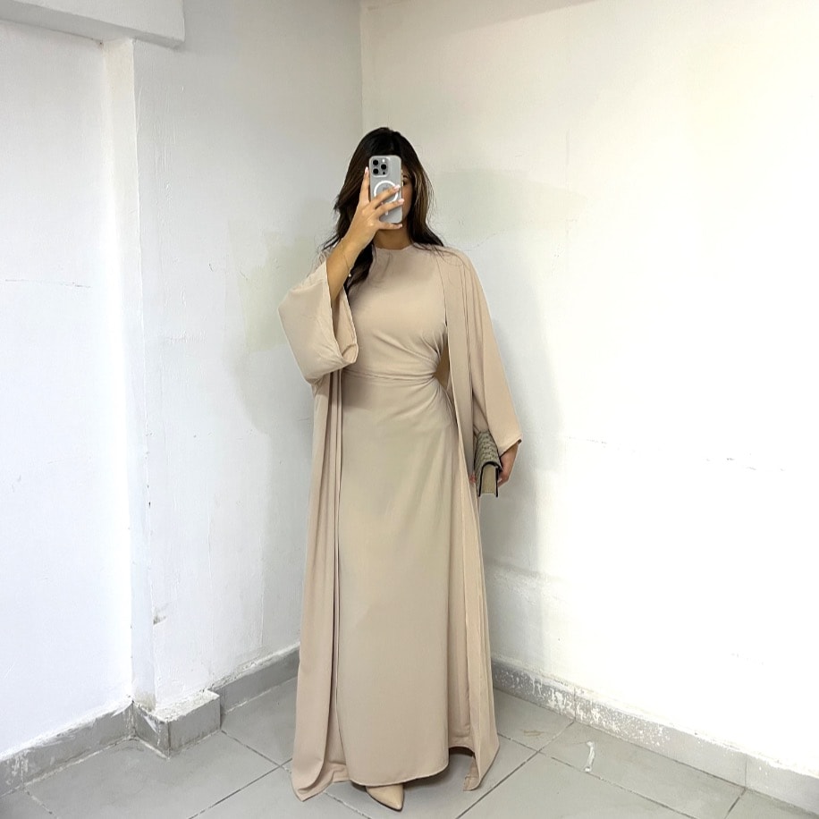 Drapeli abaya takım - Krem