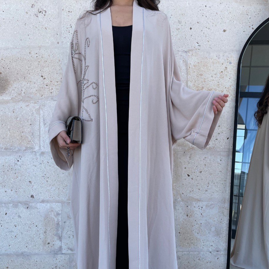 Taş detaylı abaya - Krem