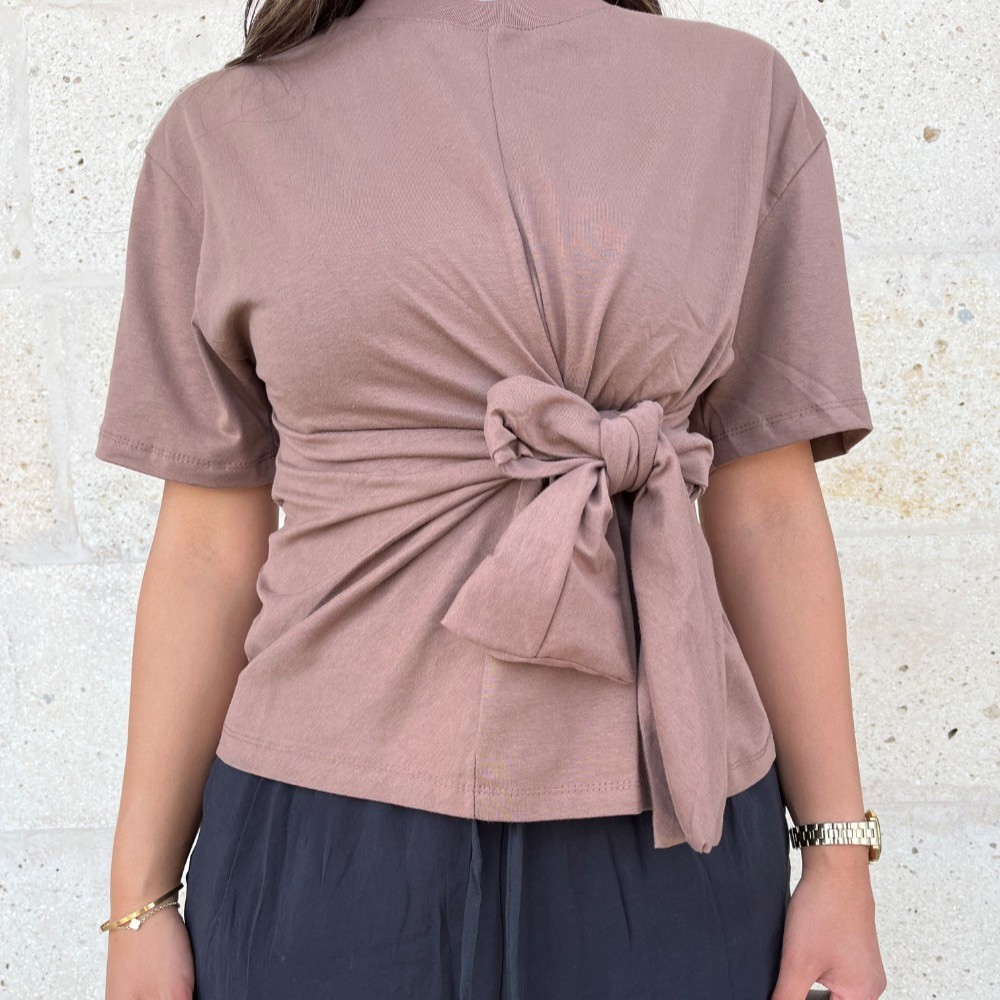 Yandan bağlama detaylı T-shirt - Vizon