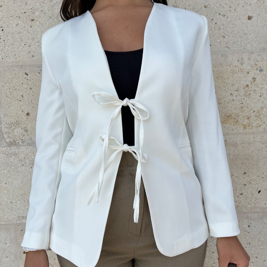 Önü bağlamalı blazer ceket - Beyaz