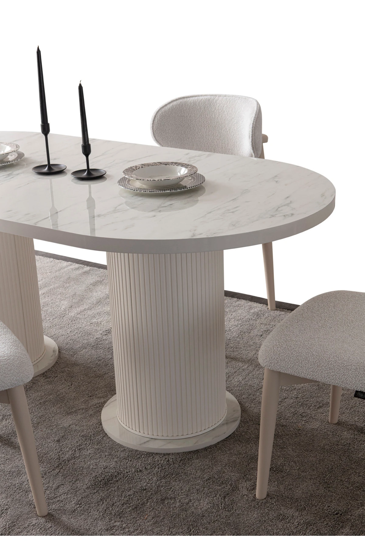 Mermer Desen Oval 4 Sandalyeli Masa Takımı