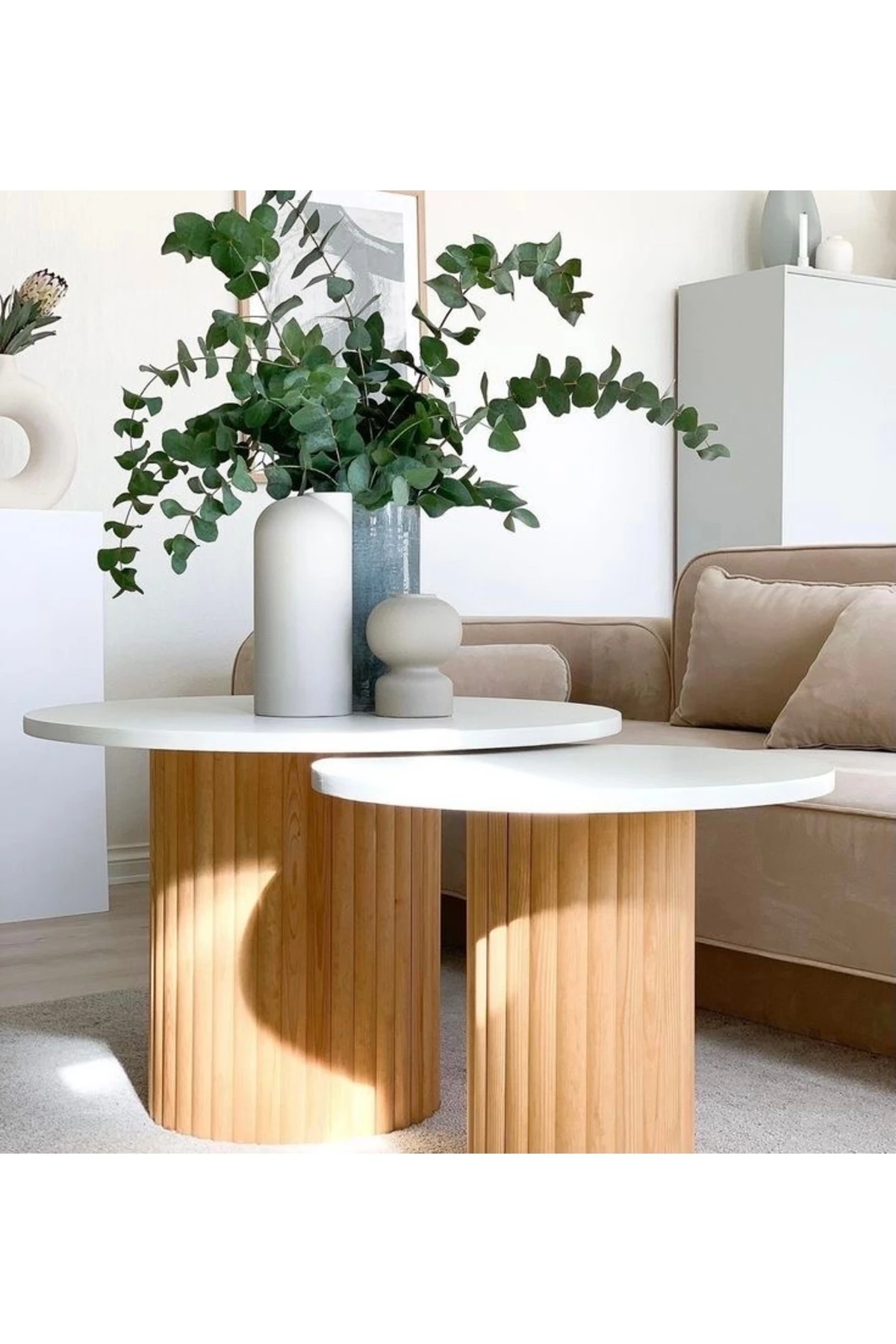 Bella Tasarım İkili Yuvarlak Sehpa Ceviz - Beyaz