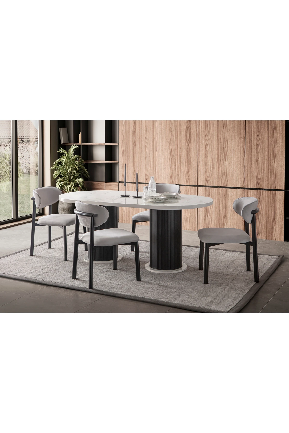 Mermer Desen Oval 4 Sandalyeli Masa Takımı