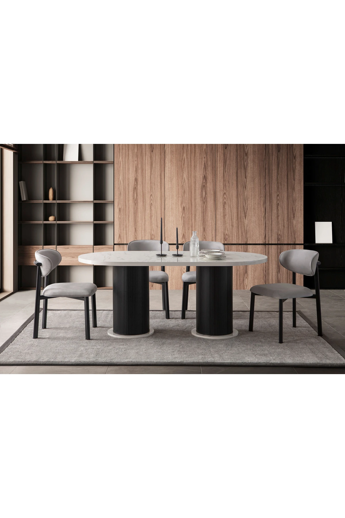 Mermer Desen Oval 4 Sandalyeli Masa Takımı