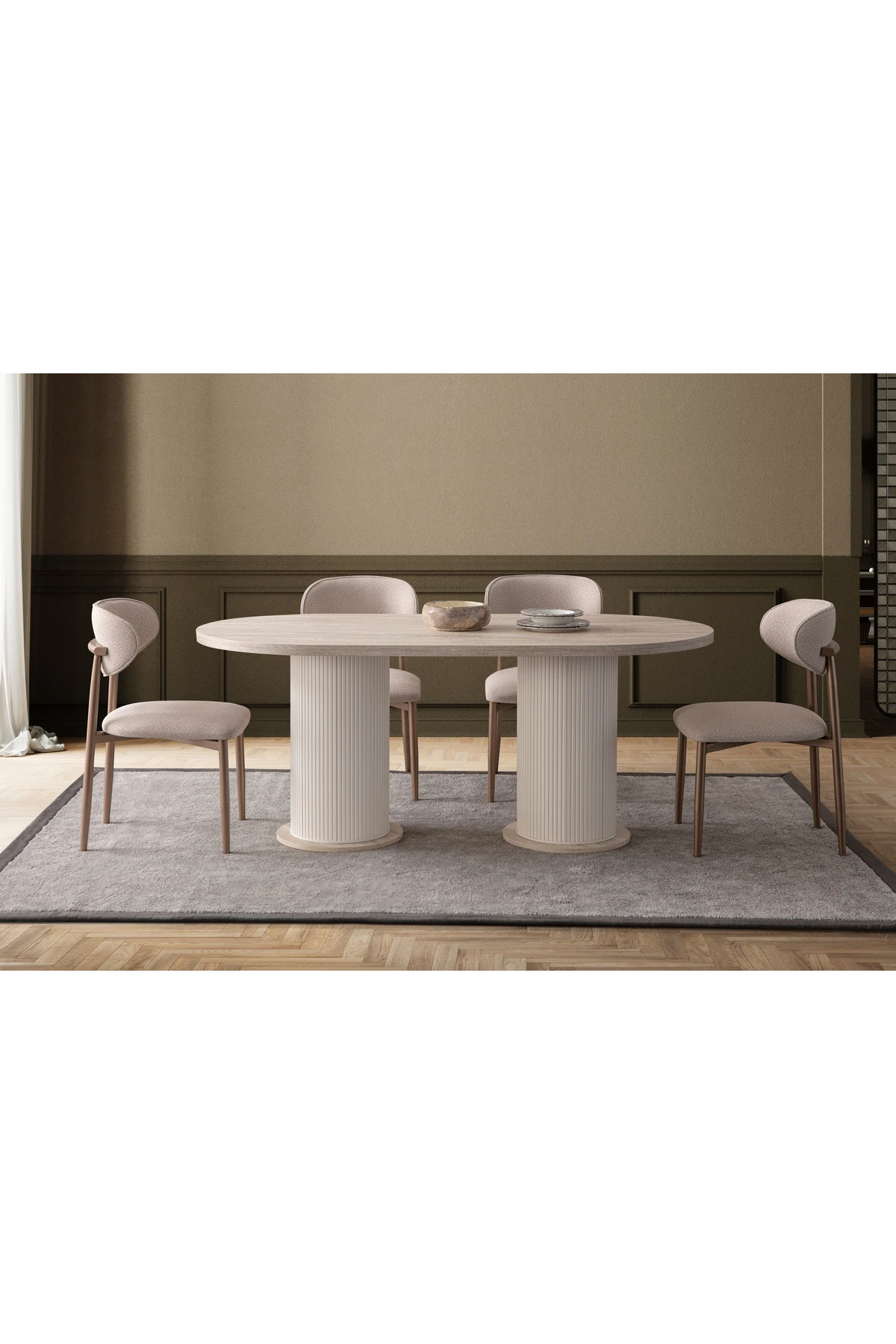 Traverten Oval 4 Sandalyeli Masa Takımı