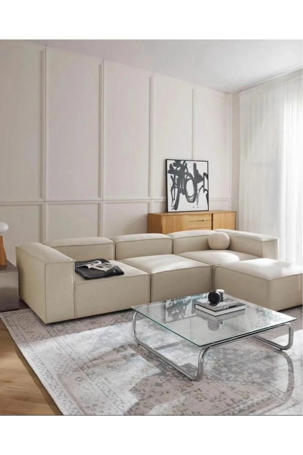 Mira Relax 4 Modül Köşe Koltuk Krem Keten Kumaş