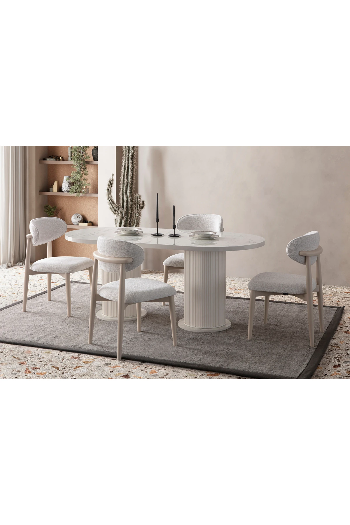 Mermer Desen Oval 4 Sandalyeli Masa Takımı