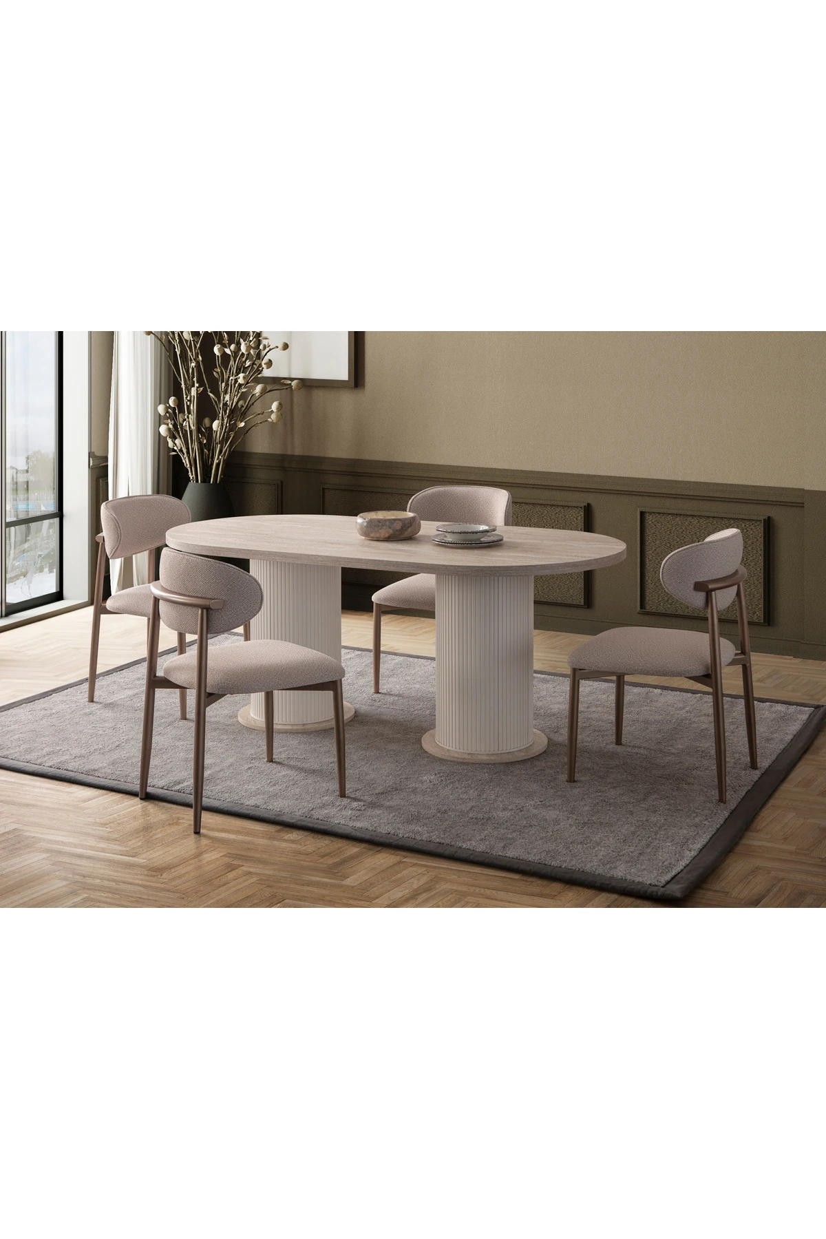 Traverten Oval 4 Sandalyeli Masa Takımı