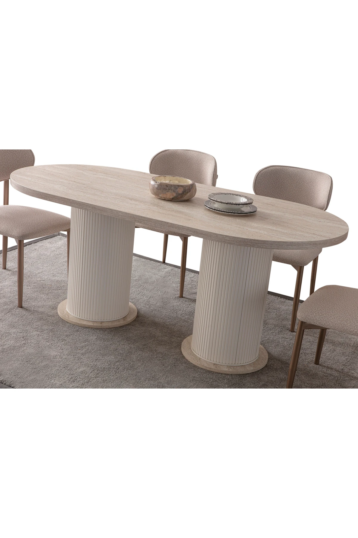 Traverten Oval 4 Sandalyeli Masa Takımı