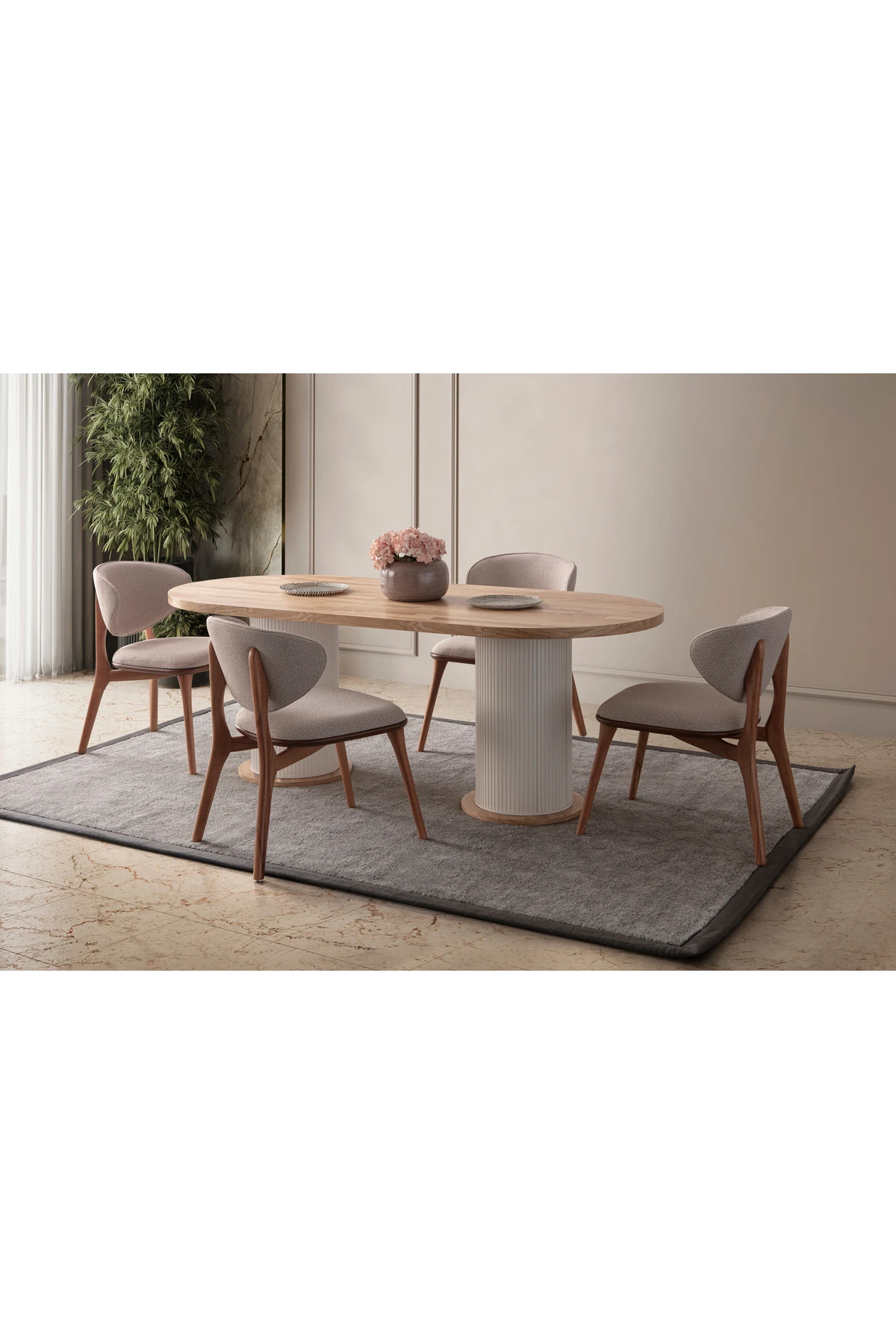 Ahşap Kaplama Oval 4 Sandalyeli Masa Takımı