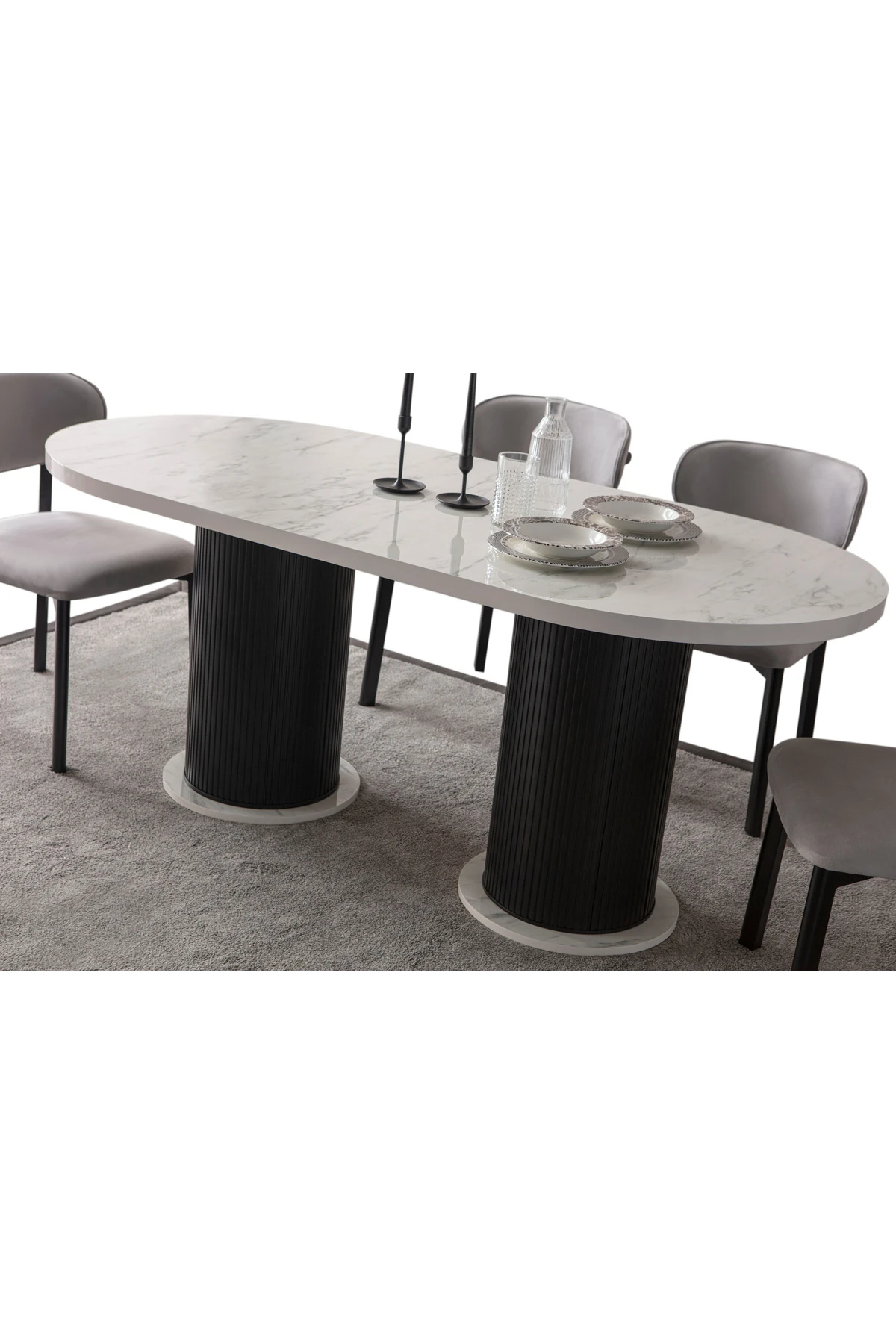 Mermer Desen Oval 4 Sandalyeli Masa Takımı