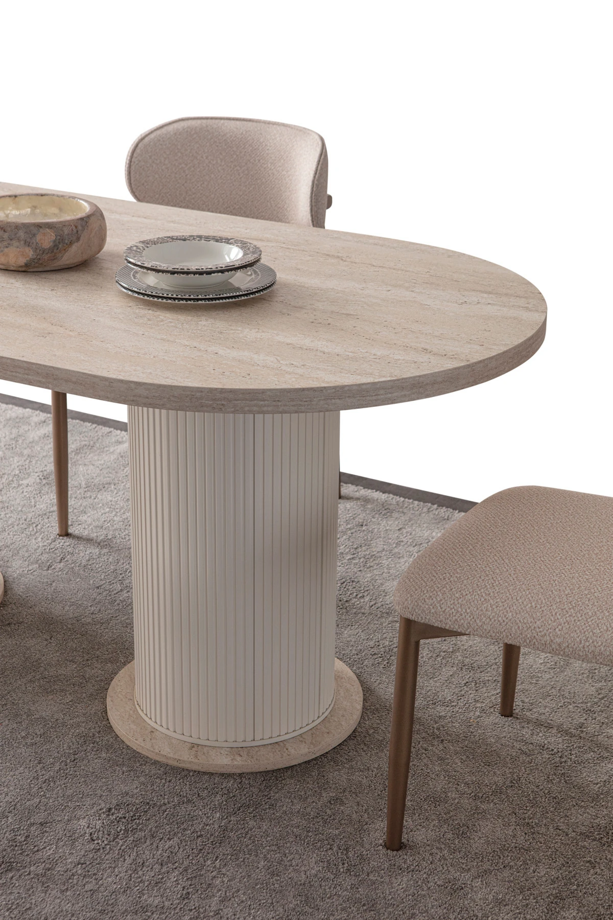 Traverten Oval 4 Sandalyeli Masa Takımı