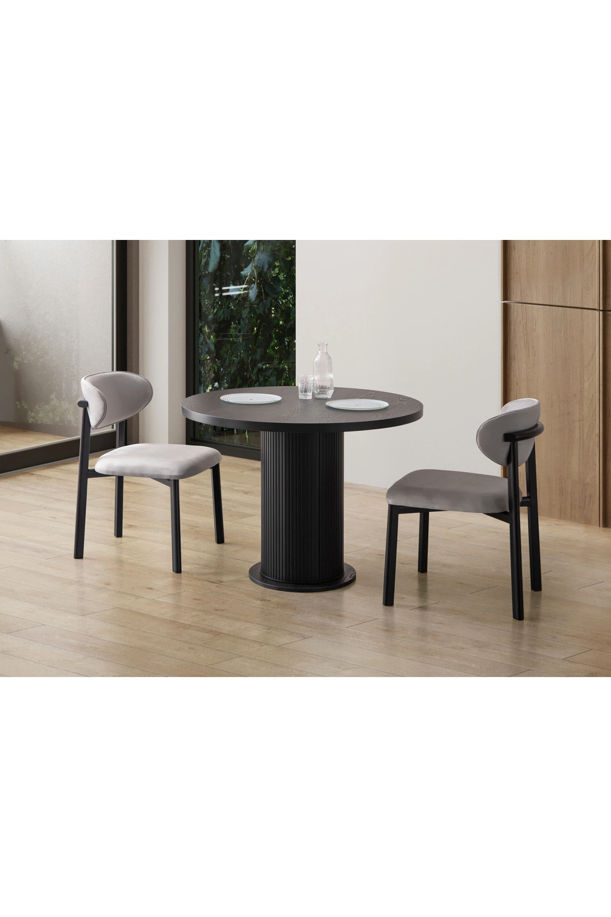 Senkron Siyah 2 Sandalyeli Yuvarlak Masa Takımı