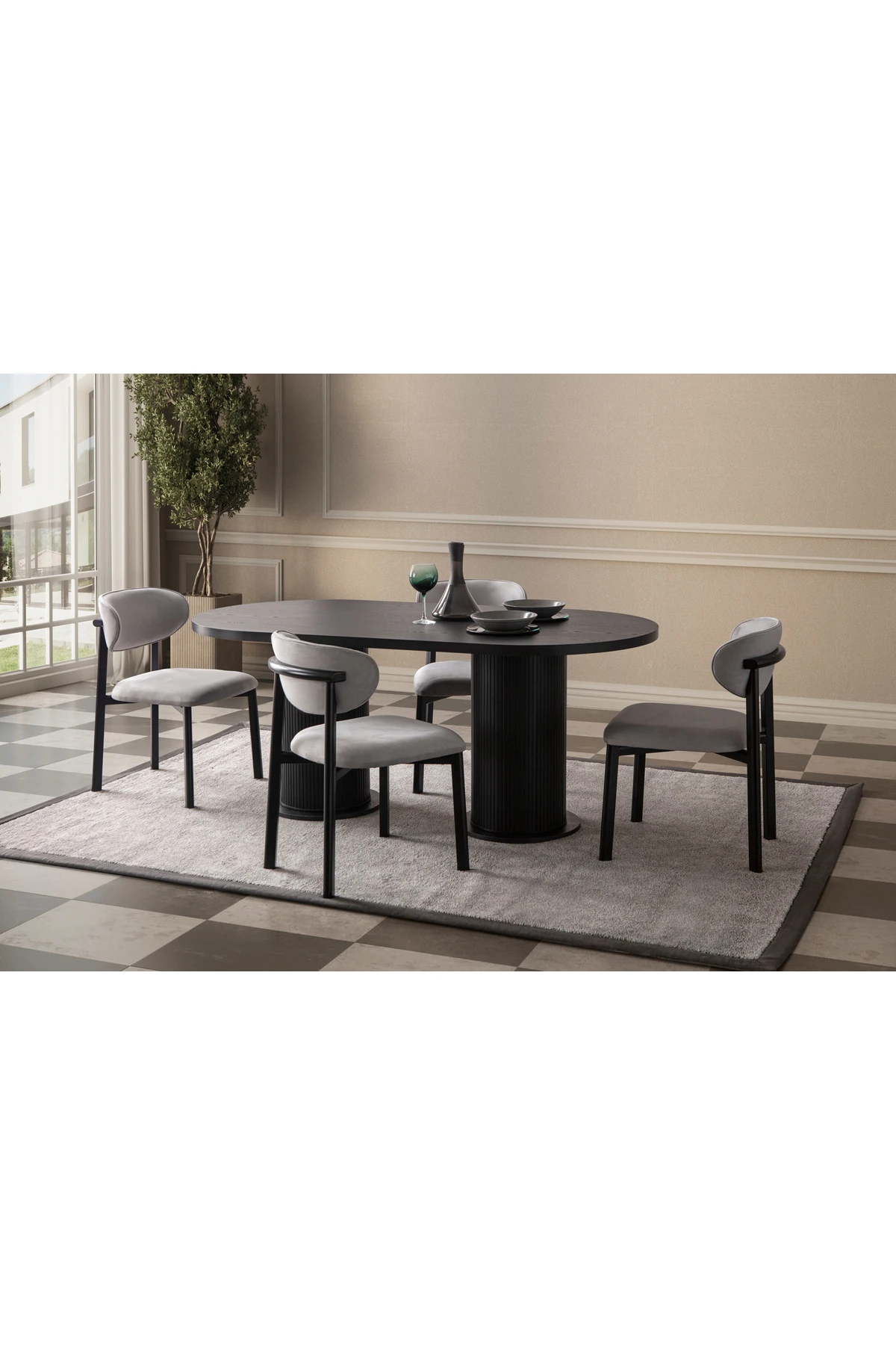 Senkron Siyah Oval 4 Sandalyeli Masa Takımı