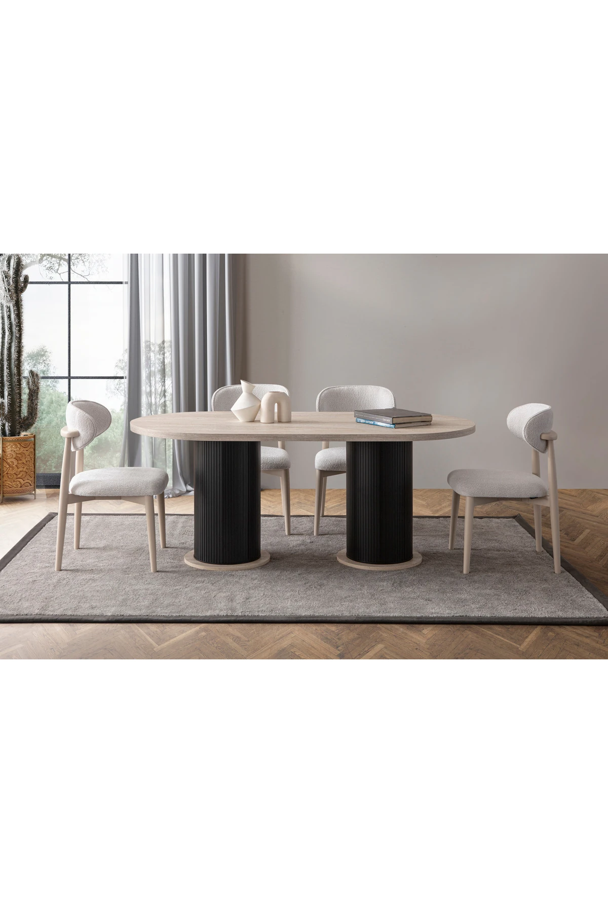 Traverten Oval 4 Sandalyeli Masa Takımı