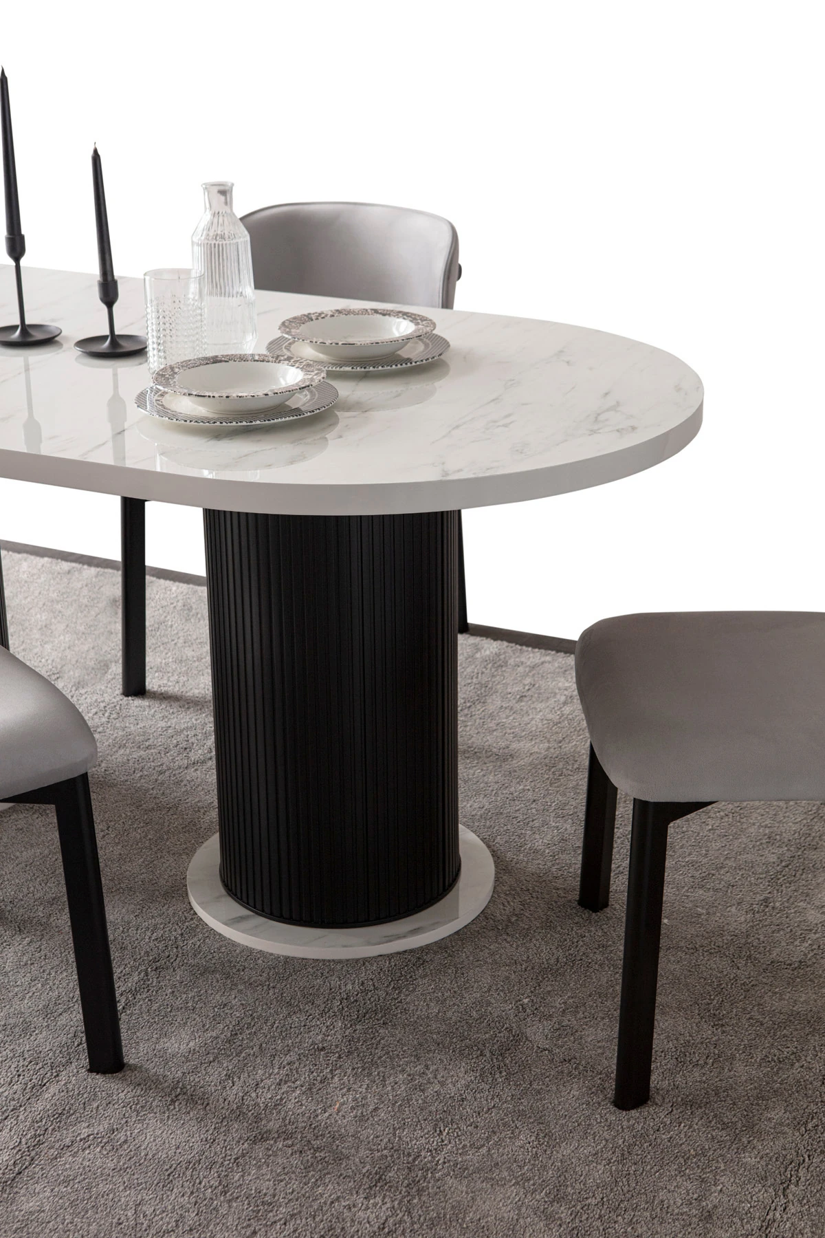 Mermer Desen Oval 4 Sandalyeli Masa Takımı