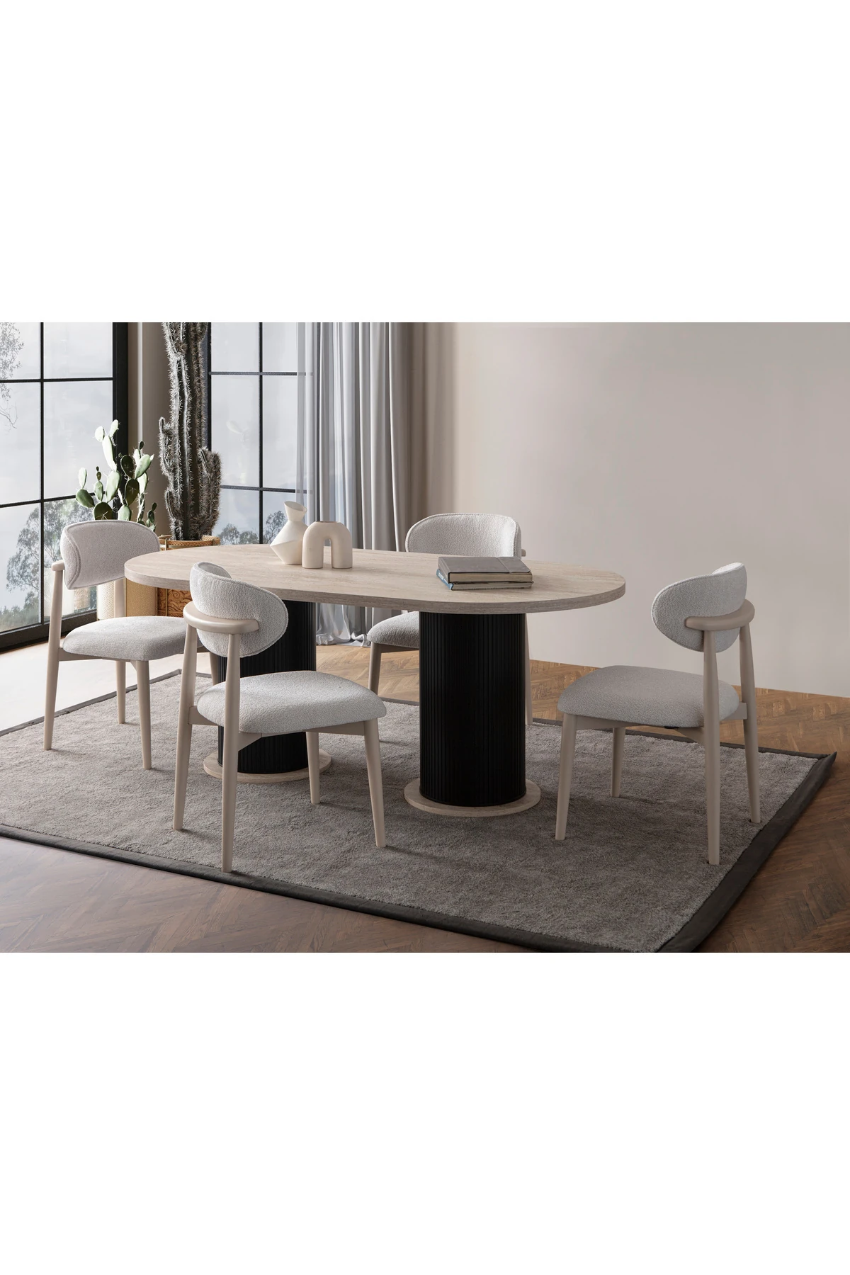 Traverten Oval 4 Sandalyeli Masa Takımı