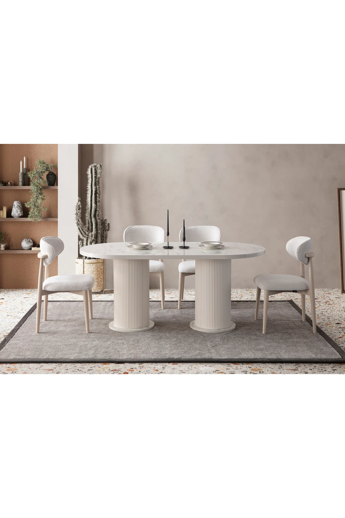 Mermer Desen Oval 4 Sandalyeli Masa Takımı