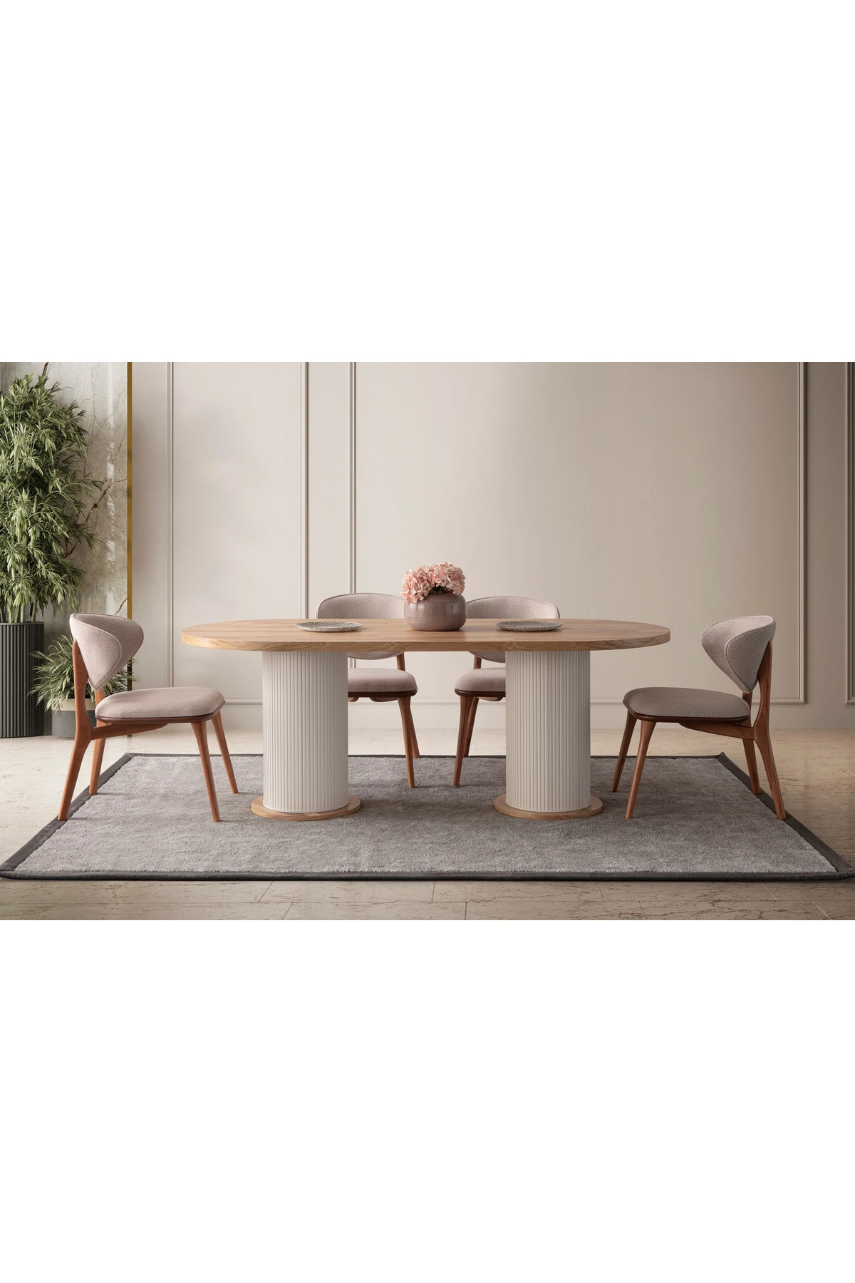 Ahşap Kaplama Oval 4 Sandalyeli Masa Takımı