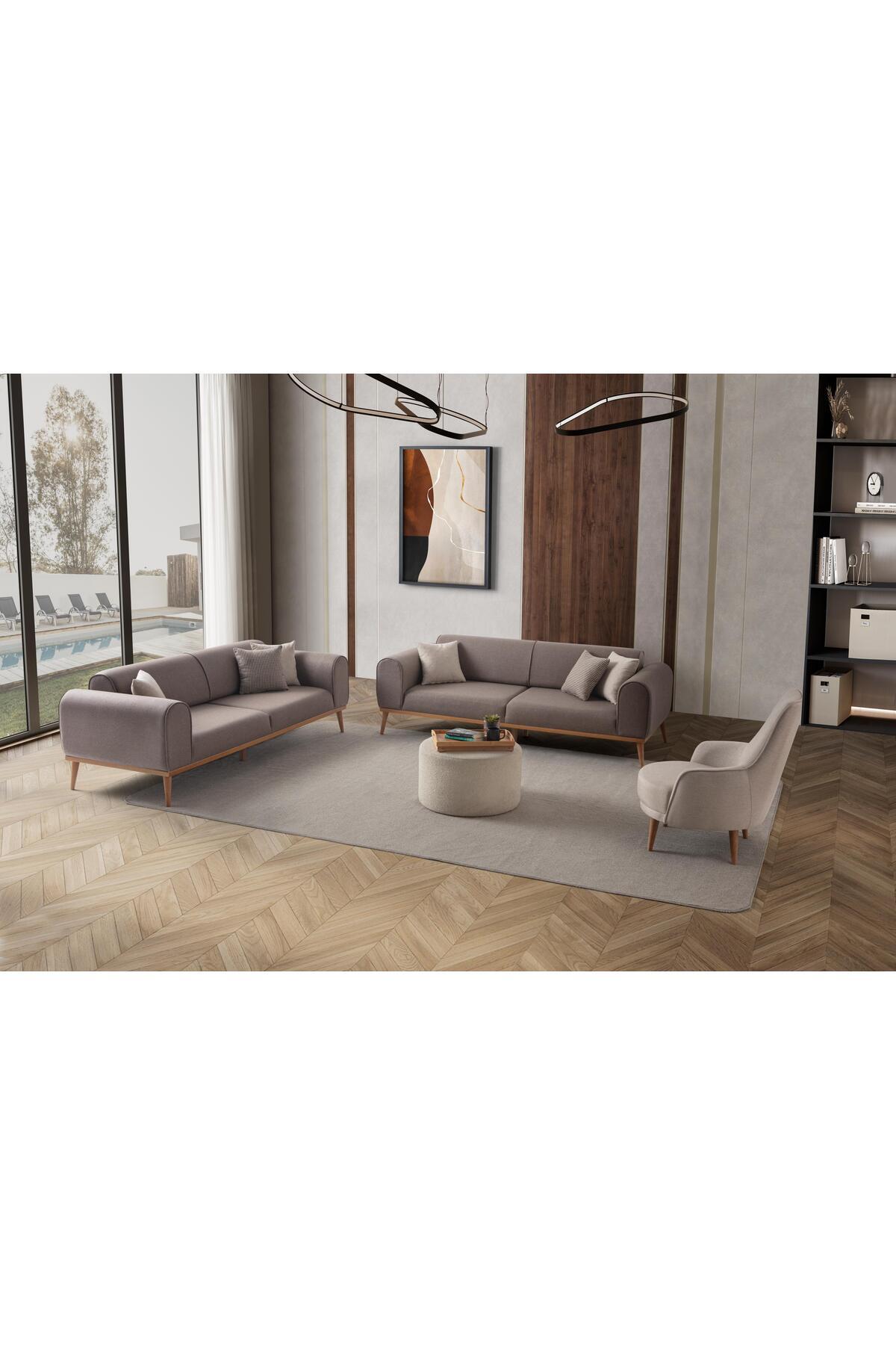 Rebull 3+3+1+1 Koltuk Takımı Kahverengi + Sütlü Kahve