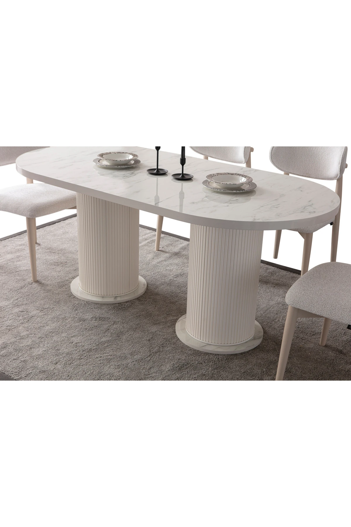 Mermer Desen Oval 4 Sandalyeli Masa Takımı