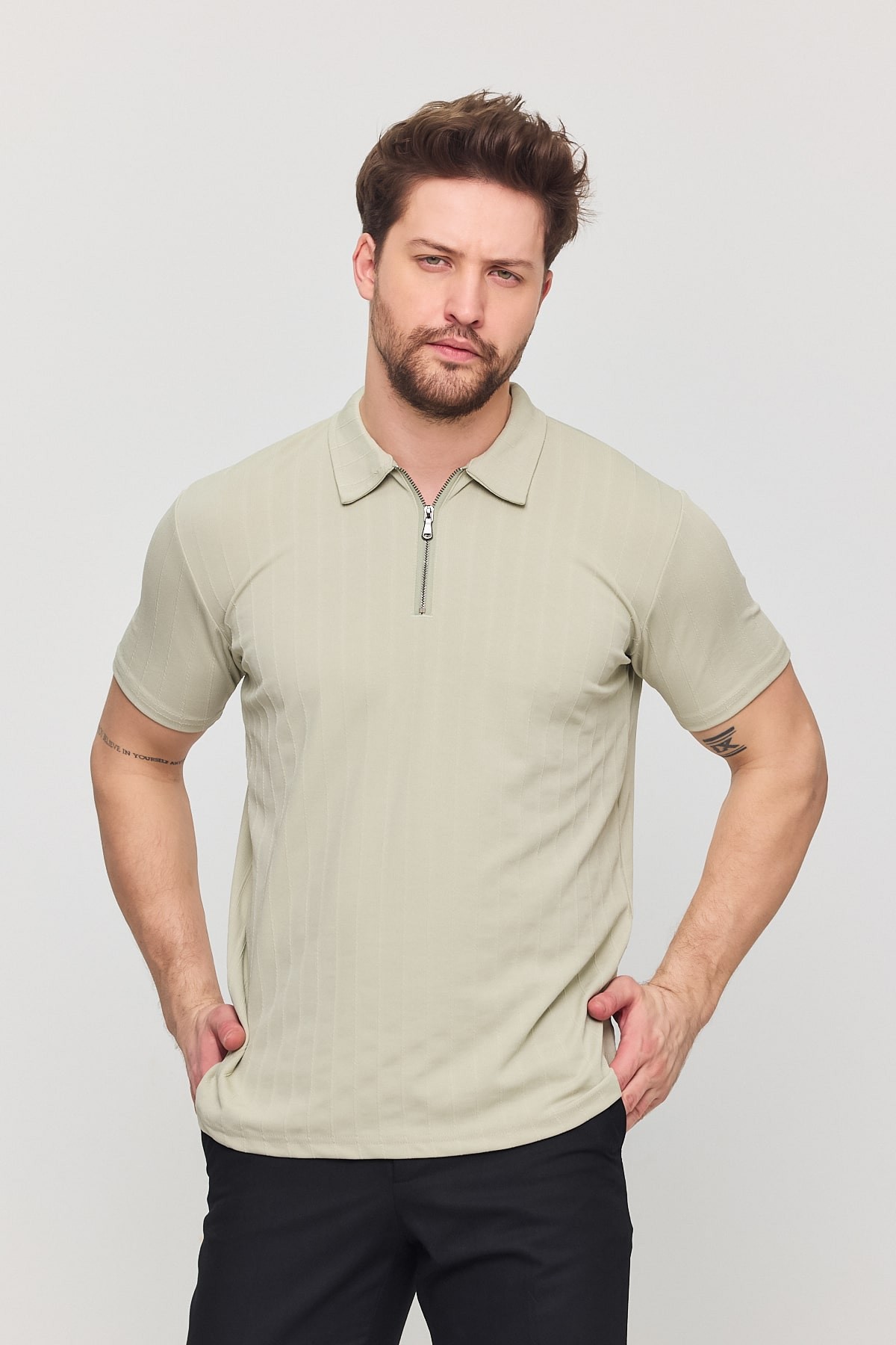 Polo Yaka Fermuarlı T-Shirt - Haki