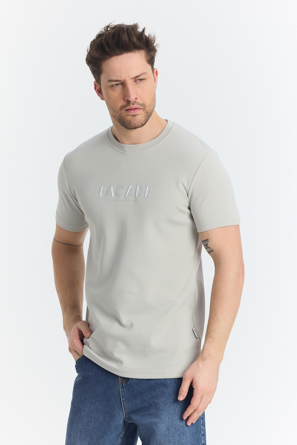 Facede Baskılı Regular Fit T-Shirt - Taş