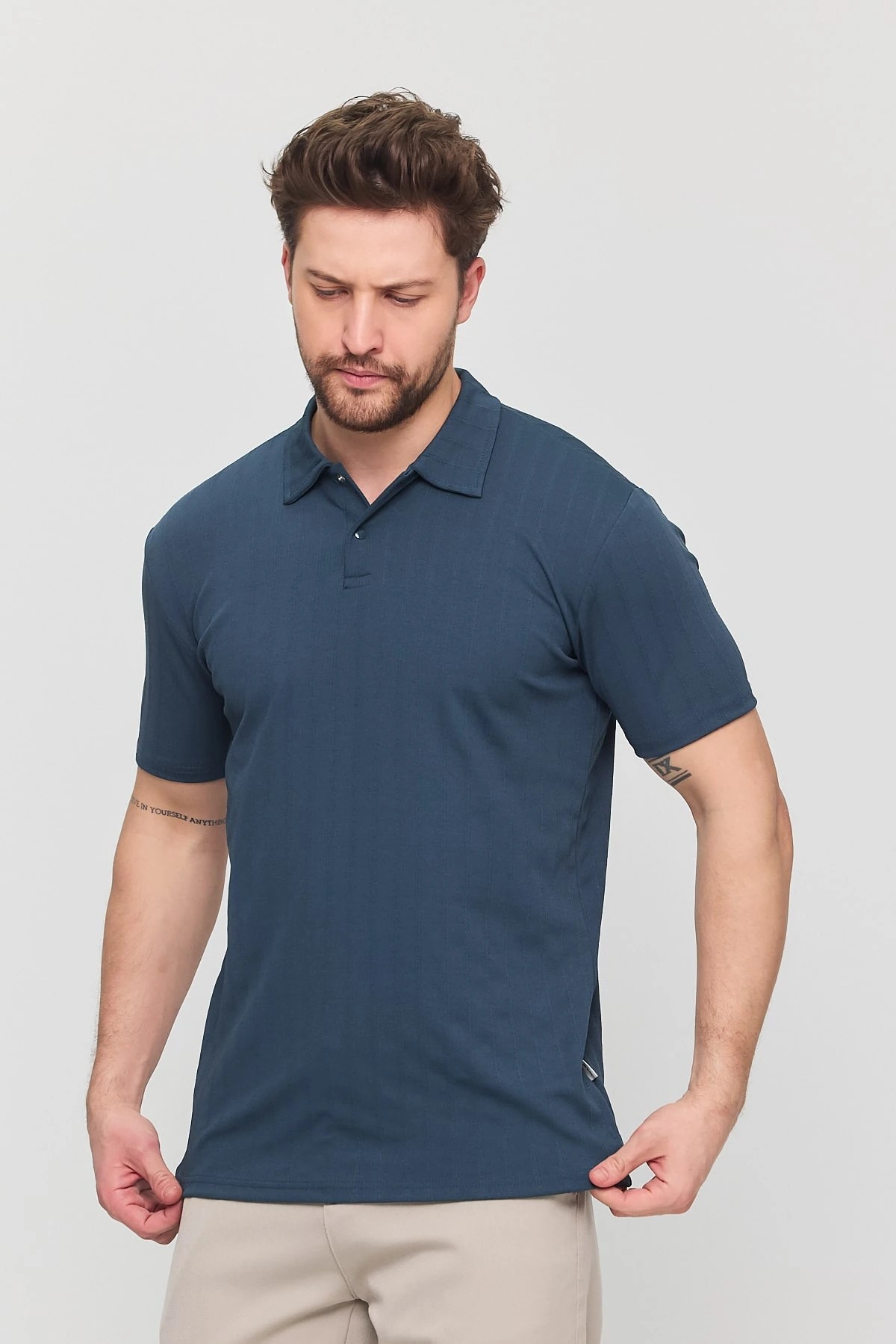 Polo Yaka Düğmeli Mavi T-Shirt