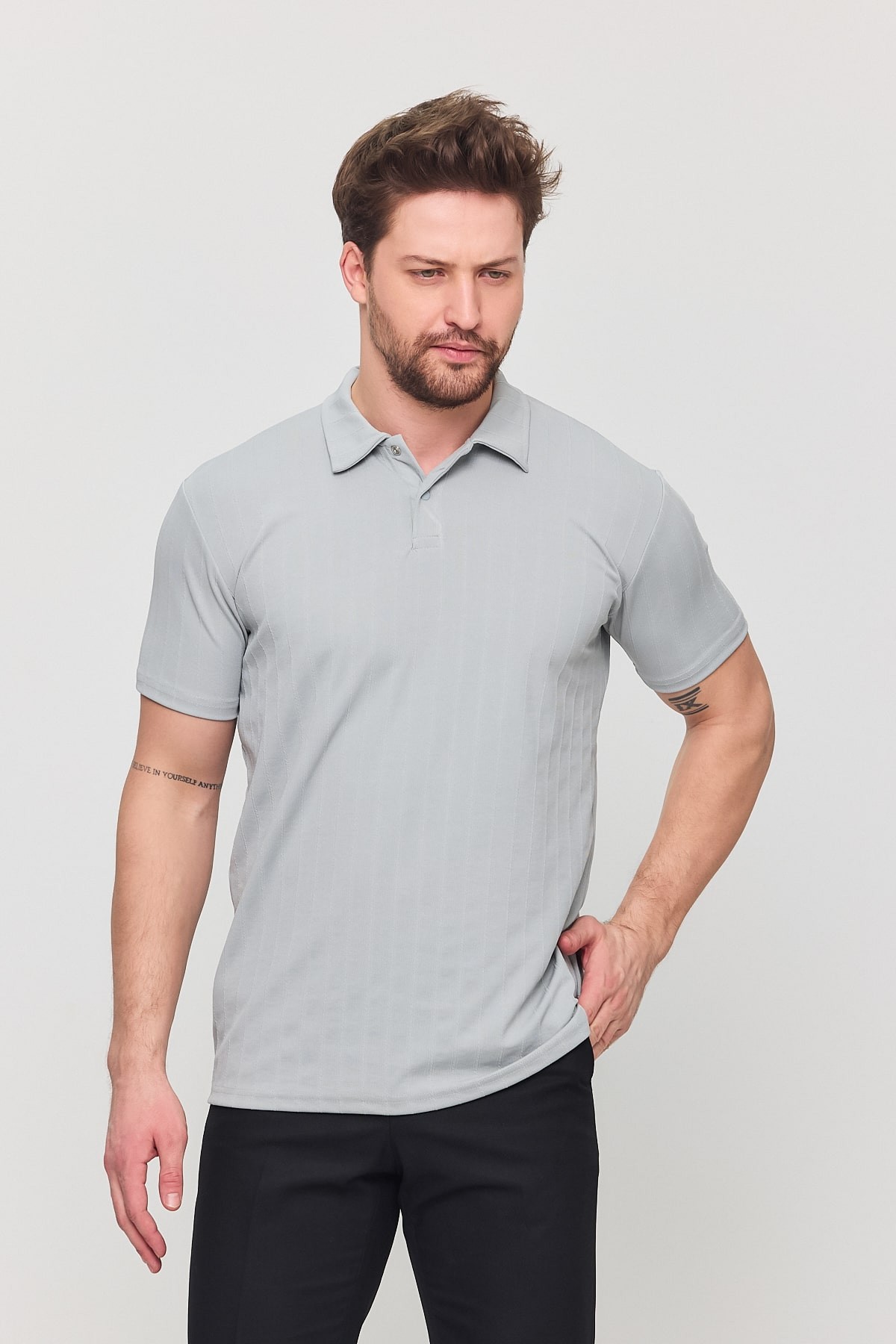 Polo Yaka Düğmeli T-Shirt - Gri