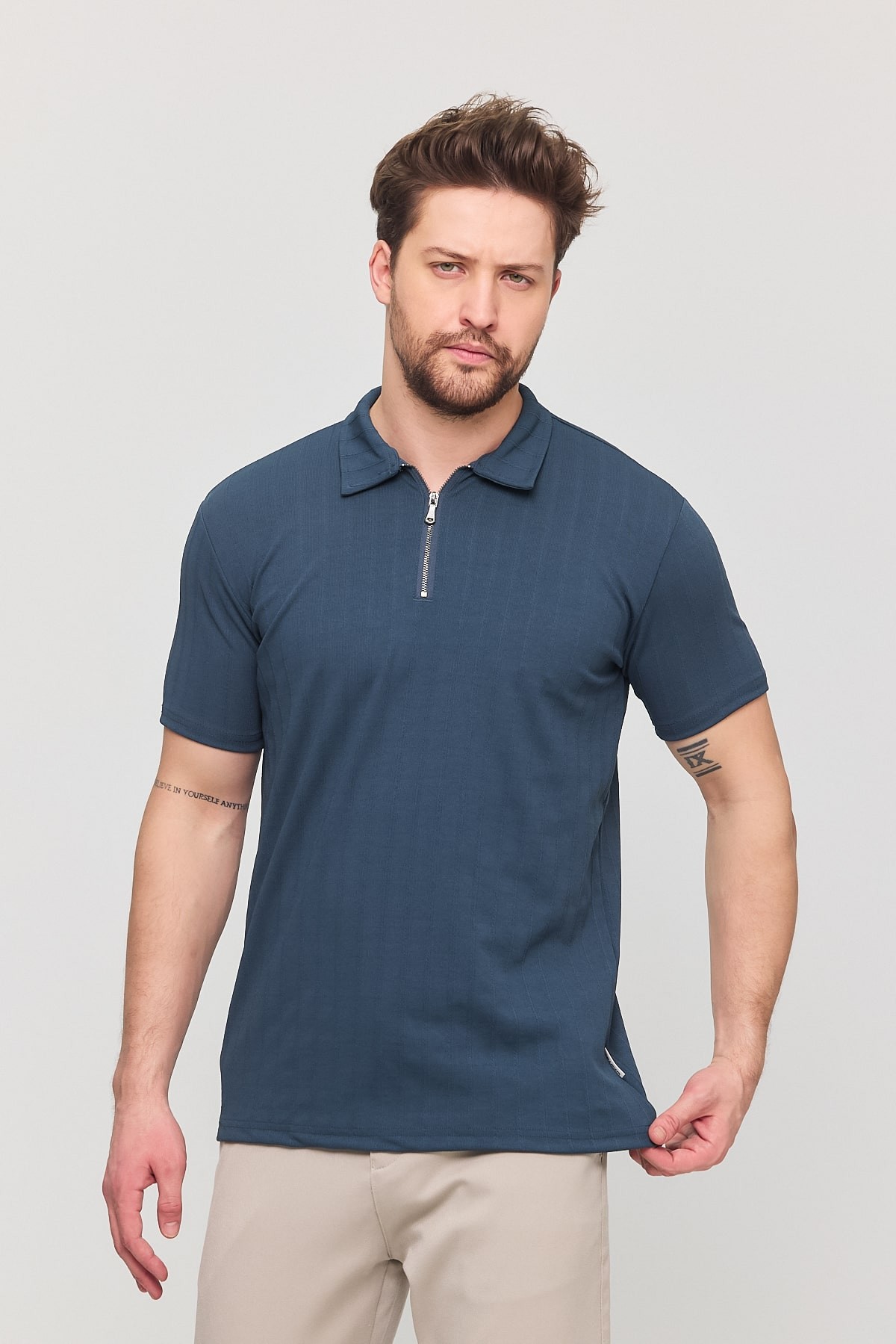 Polo Yaka Fermuarlı T-Shirt - Petrol