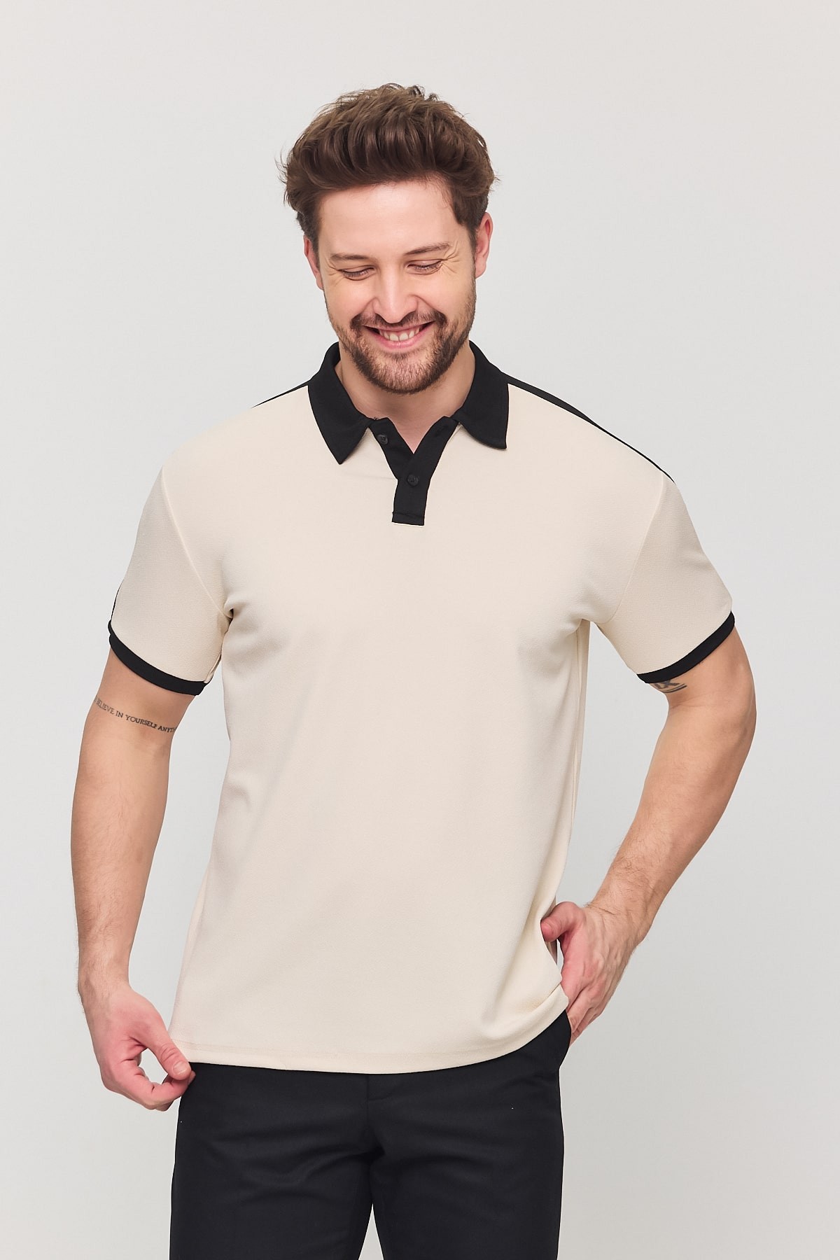 Polo Yaka Basic T-Shirt - Bej