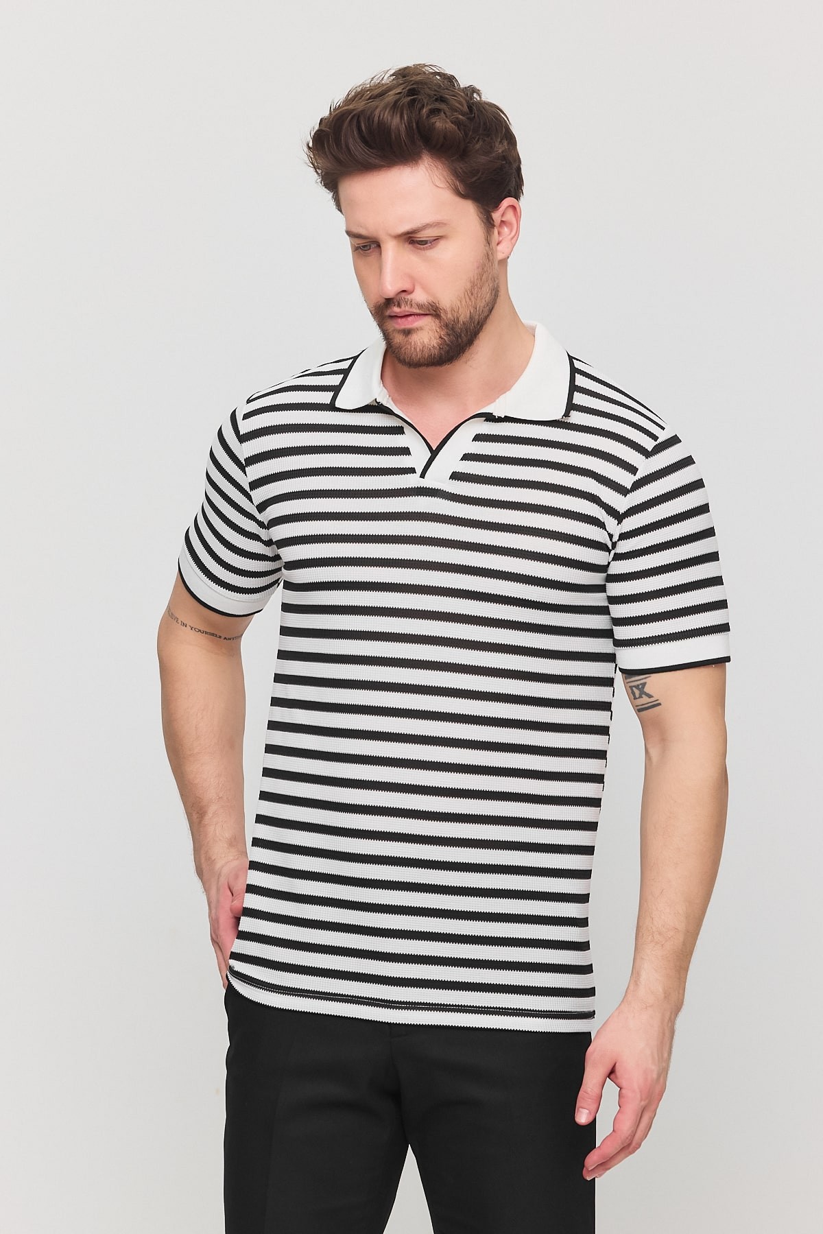 Çizgili Slim Fit Polo Yaka T-Shirt - Beyaz