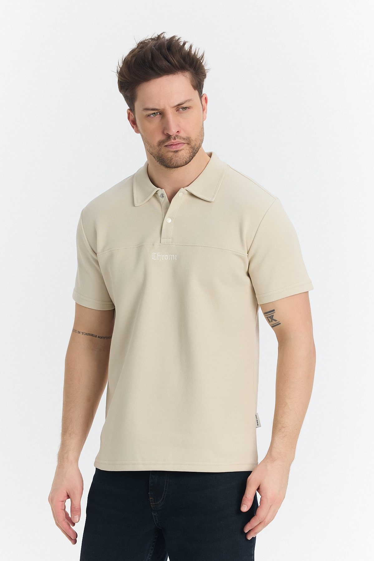 Chrome Baskılı Polo Yaka T-Shirt - Bej